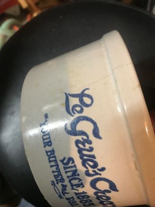 Vintage LeGeue’s creamery Blue & White stoneware advertising butter crock 8