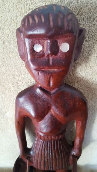 Hand Carved Wood Figurine Statue Caveman Mother of Pearl Eyes 14 