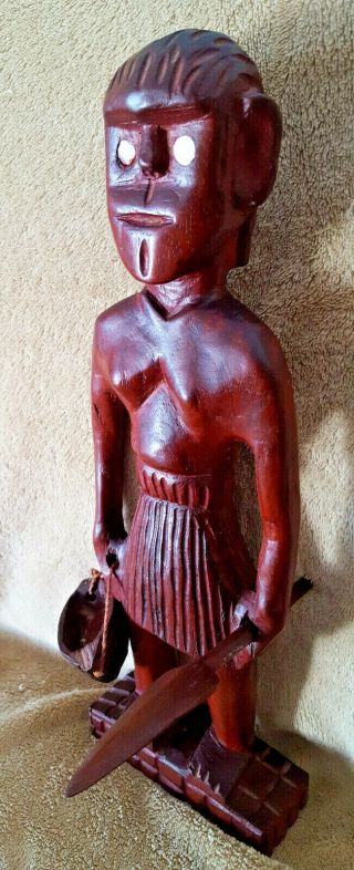 Hand Carved Wood Figurine Statue Caveman Mother of Pearl Eyes 14 