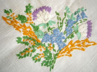 Vintage Hand Embroidered Flowers White Linen Tablecloth 3