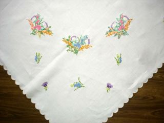Vintage Hand Embroidered Flowers White Linen Tablecloth 4