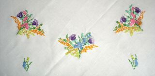 Vintage Hand Embroidered Flowers White Linen Tablecloth 5