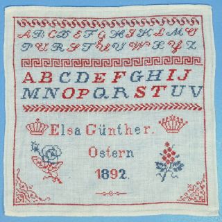 Antique German Cross Stitch Sampler Alphabet Red Blue Gunther Easter Crown 1892