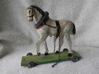Sweet Little Antique German Horse Pull Toy On Wood Platform & Tin Wheels