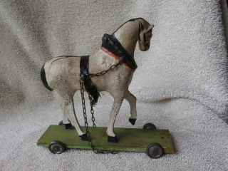 Sweet Little Antique German Horse Pull Toy on Wood Platform & Tin Wheels 2