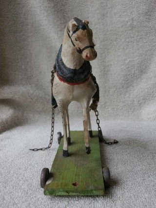 Sweet Little Antique German Horse Pull Toy on Wood Platform & Tin Wheels 3