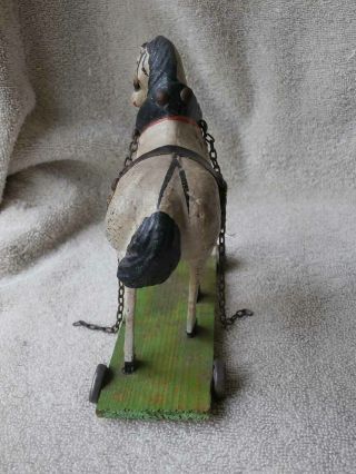 Sweet Little Antique German Horse Pull Toy on Wood Platform & Tin Wheels 4