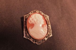 Fine Antique Deco Real Carved Shell Cameo Set In Filigree Frame