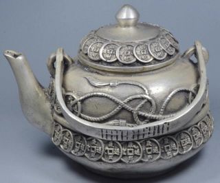 Collectable Miao Silver Carve Fortune C0ins Toad Lid Special Ancient Old Tea Pot