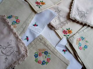 16 Antique & Vintage Hand Embroidered Table Napkins Lovely For A Pretty Tea Room