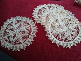 Set Of 4 X Round Vintage Doillies / Mats.  Cream Cotton Crochet Lace.  10.  5 "