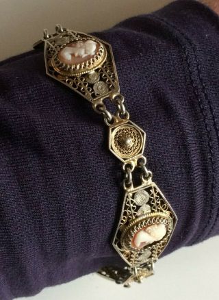 Antique 800 Silver Gilt Filigree Antique Natural Shell Cameo Lady Link Bracelet