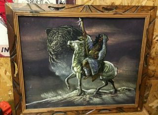 Vintage Native American Black Velvet Painting Bear Warrior On White Horse 19x23 "
