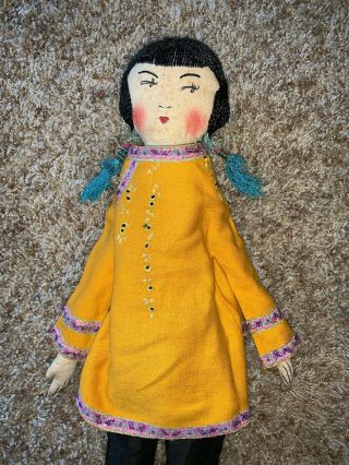 Vintage Chinese Cloth Embroidered Face 23 " Doll China