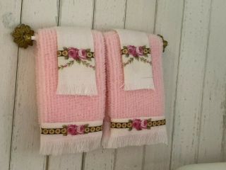 Vintage Miniature Dollhouse Artisan Pretty Pink Bath Towels Brass Towel Bar 1:12