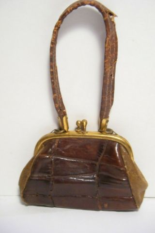 Ant.  Vtg Brown Alligator Leather? Antique German French Doll Purse