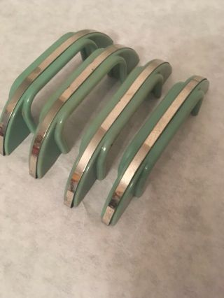 Vtg Retro Art Deco Kitchen Green Bakelite Plastic & Chrome Drawer Pulls Set 4