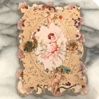 Antique Victorian Doily Lace Valentine With Die Cut Scrap Cupids