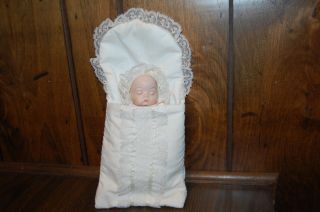 Vintage 8 Inch Porcelain Sleeping Baby Doll In Sleep Sack Bunting Bag Soft Body