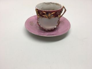 Antique Demitasse Cup & Saucer - Germany - Gilt Relief Pink Lusterware