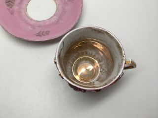 Antique Demitasse Cup & Saucer - Germany - Gilt Relief Pink Lusterware 3