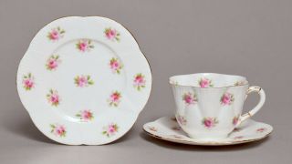 A Little Antique Shelley Foley Wileman Tea Cup Trio,  Pink Roses
