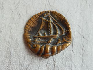 Antique Vintage Brass Picture Button Sailing Ship 