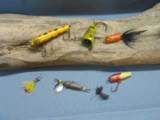 Vintage/antique Fishing Lures - 6 Fly Rod Baits - Pikie - Oreno - Spinner - Frog - Etc