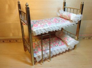 Vintage Dollhouse Miniature 1:12 Brass Bunk Bed With Bedding