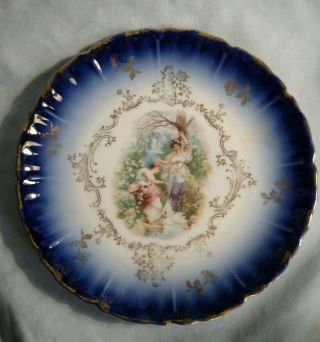 Antique Blue And White 7 " Cabinet Plate With Two Women In A Garden Scene