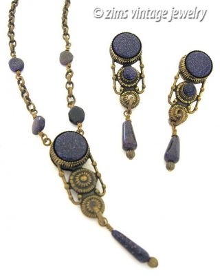 Jan Michaels Antique Brass Purple Goldstone Pendant Necklace Dangle Earrings Set