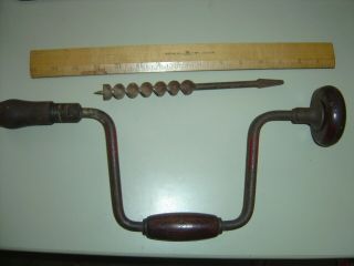 Vintage/antique Hand Drill With Wooden Handle And 1 Drill Bit