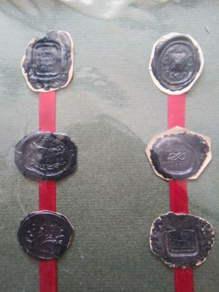 Six Antique Victorian Black Wax Seal Intaglio Shield Impressions Framed 9.  5x11 "