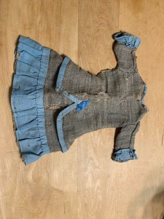 Very Old,  Tlc Doll Dress For Antique Doll - Gray With Blue Trim