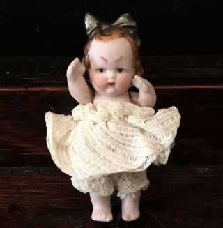 Antique Vintage Small Miniature Bisque Baby Doll - Circa 2” Tall - Jointed Arms