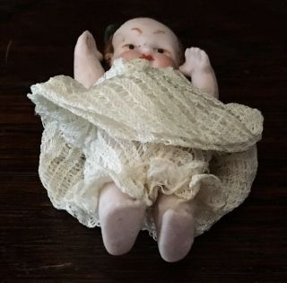 Antique Vintage Small Miniature Bisque Baby Doll - circa 2” tall - Jointed Arms 4