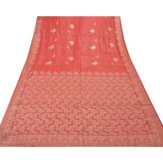 Tcw Vintage Saree 100 Pure Silk Embroidered Red Woven Craft Soft Fabric Sari 4