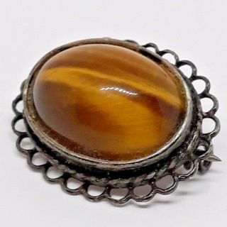 Antique Victorian Tigers Eye Brooch Mounted On Silver