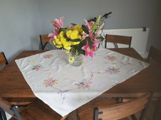 Vintage Hand Embroidered Tablecloth Flowers On White Linen,  Square.