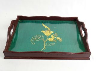 Antique Chinese Gold Couching Thread Silk Lotus Flower Glass Wood Tray China