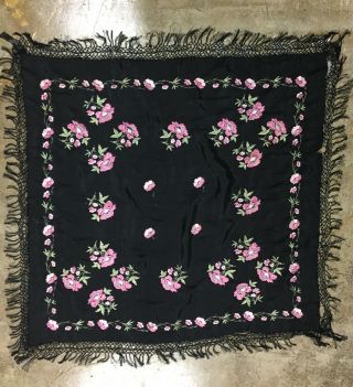 Vintage Embroidered Black Silk Piano Shawl