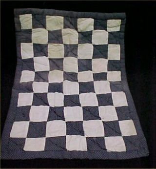 Vintage Antique Baby Doll Quilt 1940s Hand Quilted Navy Blue Pin Dots Feedsack