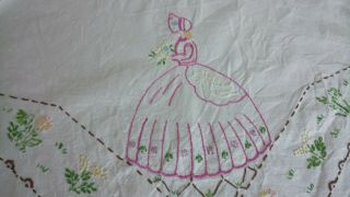 Vintage Linen Table Cloth Hand Embroidered Crinoline Lady