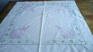 Vintage Linen Table Cloth Hand Embroidered Crinoline Lady 2