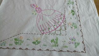 Vintage Linen Table Cloth Hand Embroidered Crinoline Lady 3
