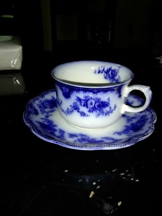 Antique Flow Blue Flower Design Coffee Cup And Plate W/ Gold Trim