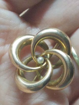 Antique 14 Karat Gold Celtic Infinity Pearl Brooch.