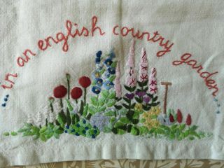 Vintage Embroidered English Country Garden Floral Flower Tray Cloth