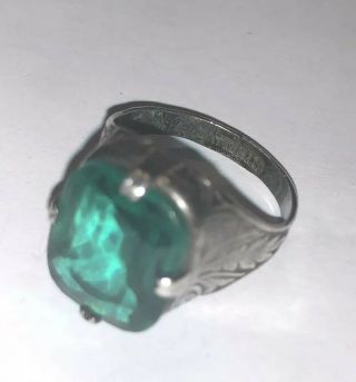 Antique Pretty Green Glass Art Deco Sterling Silver Ornate Ring Size 4