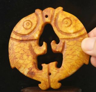 Chinese Old Natural Jade Hand - Carved Statue Double Fish Pendant 3.  1 Inch